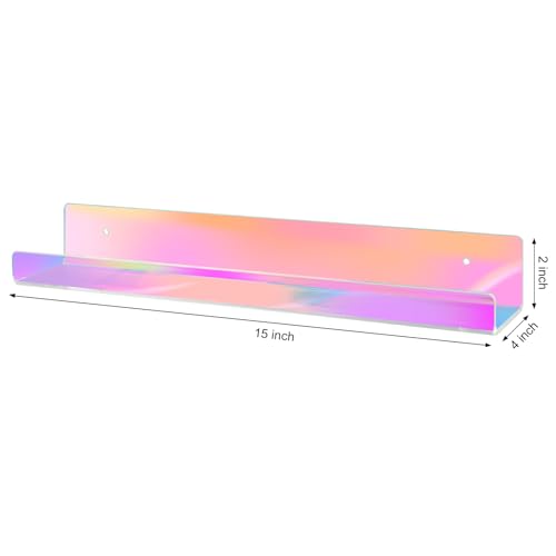 Dezzer 6 Pack Acrylic Shelves for Wall, 15" Acrylic Floating Shelves for Bathroom Bedroom, Invisible Bookshelf Wall Ledge Storage Shelf Books Perfume Toys Action Figure Display Shelves, Iridescent - style: 15 inch 6-pack Rainbow