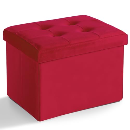 LINMAGCO Storage Ottoman Folding Foot Stool Velvet Foot Rest with Padded Modern Ottoman with Storage for Living Room Puppy Step Stool 17x13x13in(Neon Red) - color: Neon Red(velvet), size: 13"D x 17"W x 13"H