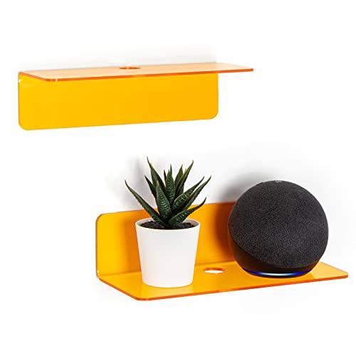 OAPRIRE Small Acrylic Floating Wall Shelves Set of 2, Flexible Use of Wall Space, 9 Inch Adhesive Display Shelf for Security Cameras/Smart Speaker/Action Figures, with Cable Clips - Clear Orange - color: Orange