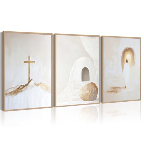 Jesus Christian Wall Art Gold Beige God Canvas Wall Decor He Is Risen Art Religious Christian Poster Modern Minimalist Cross Painting Artwork Jesus Picture Prints for Living Room 12x16x3 Inch Unframed - color: Jesus Prints, size: 12x16 Inch No Frame