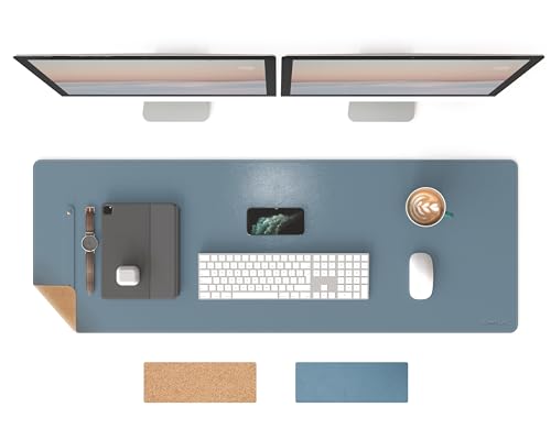 RENMTURE Dual-Sided Mouse Pad, Natural Cork & PU Leather Large Desk Pad for Office and Home Work, Desk Protector Non-Slip, Waterproof, Easy Clean (Blue Gray,47"x17") - color: Blue Gray, size: 47"x17"