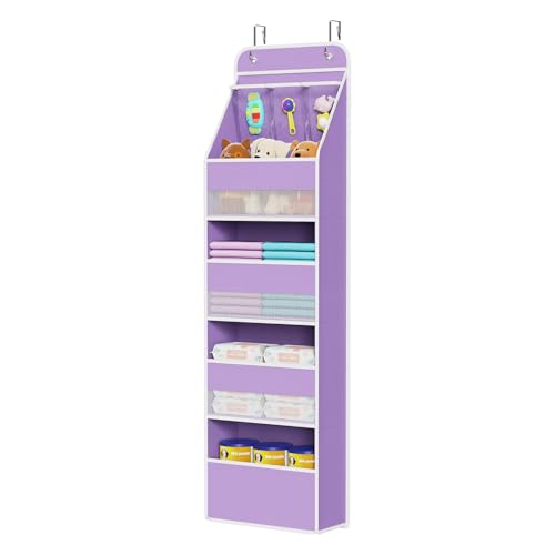 Univivi 5-Shelf Fabric Door Storage Over Door Hanging Organizer with 4 Large Pockets and 3 Small PVC Pockets Nursery Closet Cabinet Wall Mount Hanging Storage Organizers for Baby Nursery (Purple) - color: Purple, size: 5 LAYER