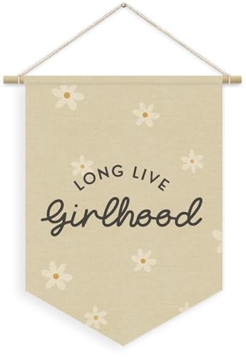 Girl Nursery Decor, Long Live Girlhood Linen Canvas Banner, Neutral Floral Wall Hanging Pennant Flag Banner for Girl Nursery Toddler Kids Room Bedroom Dorm Playroom Decor, 15x11in - color: girlhood-Beige daisy