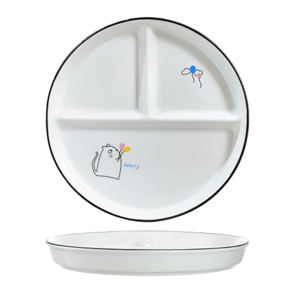 SOCOSY Ceramic 3-Compartment Portion Control Plate Divided Dish Platters, Divided Dessert Salad Dinner Snack Dishes, Appetizer Serving Trays, 1 PC - Balloon Cat-8 Inch - color: Balloon Cat