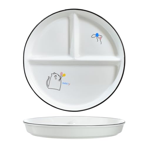 SOCOSY Ceramic 3-Compartment Portion Control Plate Divided Dish Platters, Divided Dessert Salad Dinner Snack Dishes, Appetizer Serving Trays, 1 PC - Balloon Cat-8 Inch - color: Balloon Cat