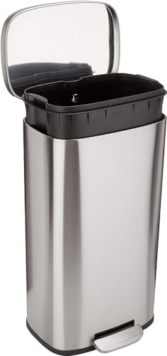 Amazon Basics MEDIUM Trash Can, 7.9 Gallon (30L), Smudge Resistant Rectangular Bin with Soft-Close Lid, Step Foot Pedal, Removable Inner Bucket, Brushed Stainless Steel, Satin Nickel Finish - size: Middle, 30L/7.9 Gal