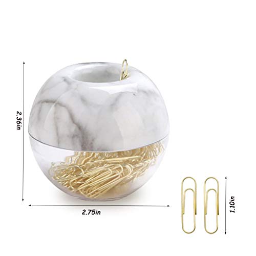 Magnetic Paper Clip Holder, Marble White holder with Gold PaperClips 100pcs 28mm(1.1") Cute Office Supplies for Desk Organizer - color: Marble