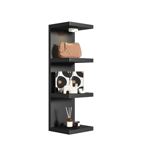 4-Tier Wall Shelf Unit with USB Rechargeable Led Light (Remote Controlled),Versatile Floating Display Shelves,Lack Style Wall Shelves for Bedroom,Living Room,Office Decor,Vanity-Black - color: Black, size: 4 Tier