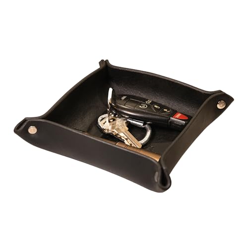Valet Tray – Full-Grain Leather Catchall Organizer for Keys, Phone & Wallet – Rustic Nightstand & Desk Tray with Raised Sides – Handmade in USA (Black, Small Square) - color: Black, size: Small Square