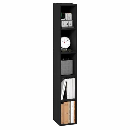 Furinno Fulda Book Shelf, 5-Tier Tall Narrow Bookshelf, Standing Bookcase with 8-in Width Storage Shelf, 9.3 x 7.9 x 51.9, for Organization Storage, for Living Room, Bedroom, Home Office, Blackwood - color: Blackwood, size: 5-Tier, 8W