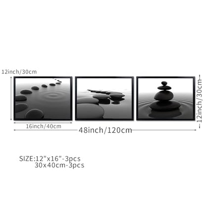 iKNOW FOTO 3pcs Black and White Zen Wall Art Stones in Water Canvas Prints with Black Frame for Bathroom Yoga Meditation Spa Living Room Bedroom Wall Decor Framed Ready to Hang 12x16 Inches
