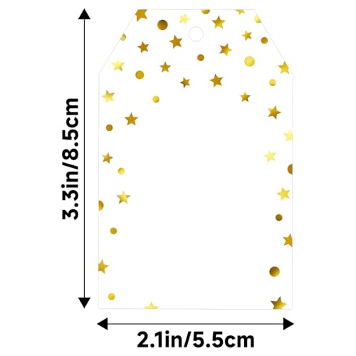 G2PLUS Gold Gift Tags with String, 100PCS Blank White Paper Hang Tag Writable Foil Star Dot Labels for Gifts, Christmas Presents, Wedding Favors, Party Bags, Small Business Packaging - style: Gold Foil Star Dots Border