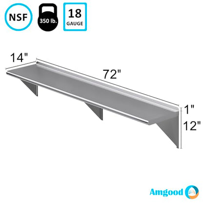 AmGood 14" X 72" Stainless Steel Wall Shelf | Metal Shelving | Garage, Laundry, Storage, Utility Room | Restaurant, Kitchen | Food Prep | NSF Certified