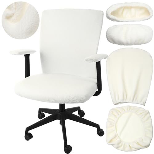 Tallew 4 Pcs Office Chair Covers Set Computer Universal Stretchable Protective Chair Seat Covers Desk Armrest Slipcovers Pads Office Cushion Backrest for Rotating (Cream,Lamb Fleece) - color: Cream