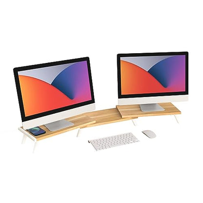 loukin Dual Monitor Stand Riser for Desk, 43.6"*8.2"*3.2" Large Computer Stand for 2 Monitors, Laptop, Printer, Length and Angle Adjustable Computer Shelf, Home Office,Max 43.6" Length Natural