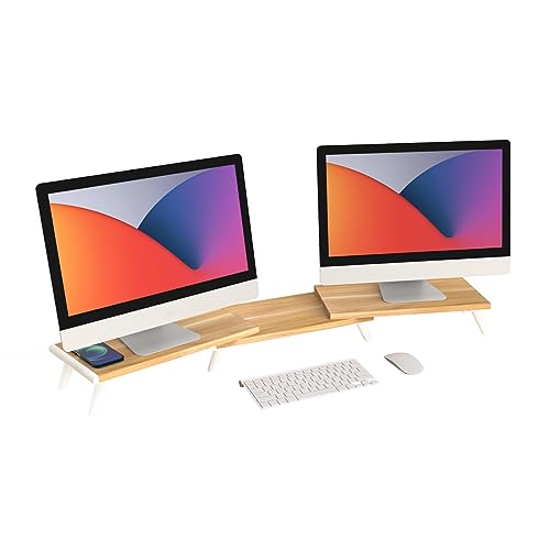 loukin Dual Monitor Stand Riser for Desk, 43.6"*8.2"*3.2" Large Computer Stand for 2 Monitors, Laptop, Printer, Length and Angle Adjustable Computer Shelf, Home Office,Max 43.6" Length Natural