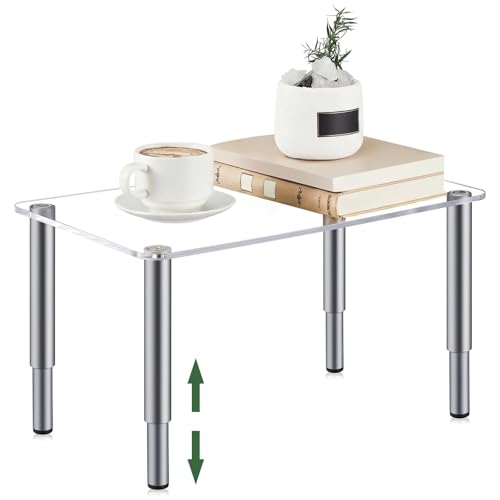 RattanView Height Adjustable 16in Extra Large Acrylic Display Risers 6mm Thick Clear Shelf Riser with 4 Metal Legs 6.7-9 in Adjustable Screwdriver, Stand for Plant Decor Collectibles Figures