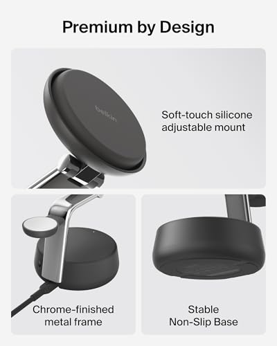 Belkin MagSafe Charger Compatible, 3-in-1 Charging Station, Qi2.2 25W w/Cooling Fan (On/Off Control) Magnetic Wireless Charger for iPhone 17, Apple Watch, AirPods, Pixel 10 (45W Adapter Included) - color: Black, style: 3 in 1