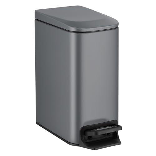 TIPGO Slim Bathroom Trash Can with Lid Soft Close, 6 Liter / 1.6 Gallon Stainless Steel Garbage Can with Removable Inner Bucket, Step Pedal, Small Trash Cans for Bedroom, Office, Kitchen (Grey) - color: Grey