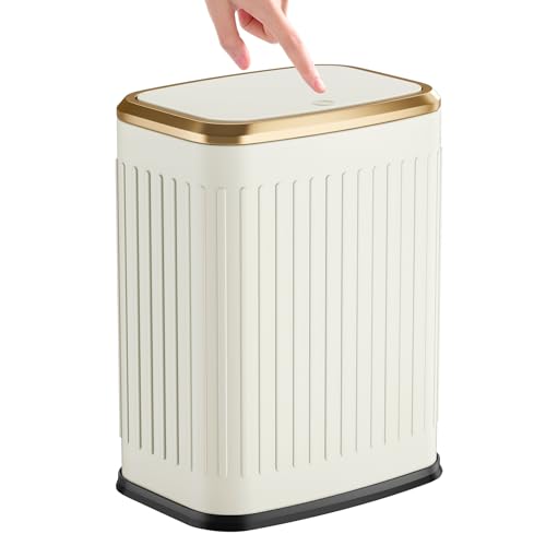 TIPGO Bathroom Trash Can with Lid, 2.1 Gallon / 8 Liter Small Garbage Can, Press Top Bin, Stainless Steel Wastebasket with Pop-Up Lid for Bedroom, Living Room, Office (Cream) - color: Cream