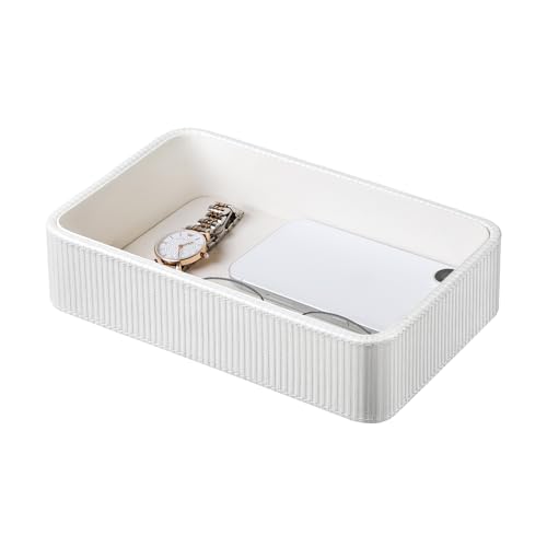 PU Leather Valet Tray Organizer, Small Nightstand Organizer Bedside Desktop Storage for Womens and Men, Perfume Trinket Catchall Vanity Tray for Key Watch Wallet (White, Rectangular) - color: White