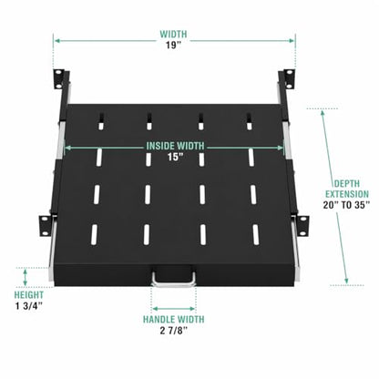 ynVISION.DESIGN 1U Sliding Rack Shelf – 20″ Deep Pull-Out Rack Mount Tray Extends to 35″, Fits 19″ 4-Post Server & AV Racks, Heavy Duty Steel Drawer Shelf, Network Cabinet Rack Shelf, 44 lb Capacity