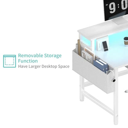 Lufeiya Gaming Desk with LED Lights and Power Outlets, 47 Inch Home Office Desks with Keyboard Tray, White Computer Desk with File Drawers Cabinet, Writing Table PC Desks with Monitor Stand, White - color: White