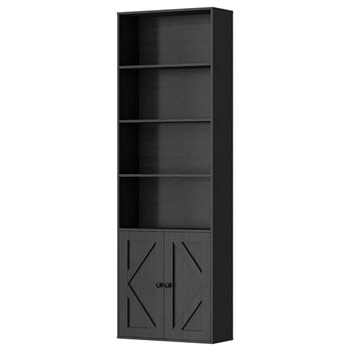Bookshelf, 6-Tier Floor Bookcase with 2 Bottom Doors, 9.29"x23.62"x70.86", Storage Cabinet Bookshelves for Home Office, Living Room, Bedroom-Black - color: Vintage Black