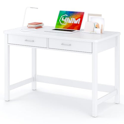 4NM 39.4" Small Desk with Wood Drawers, Home Office Computer Desk with Wooden Legs, Study Writing Table Vanity Desk for Small Spaces - White - color: White