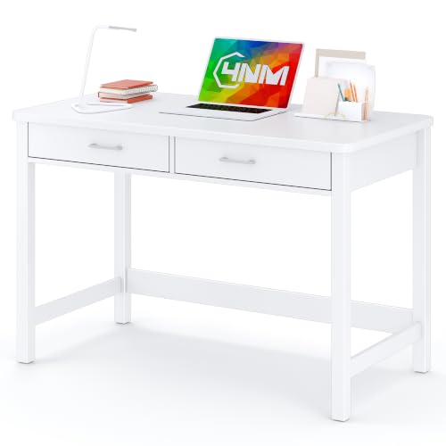 4NM 39.4" Small Desk with Wood Drawers, Home Office Computer Desk with Wooden Legs, Study Writing Table Vanity Desk for Small Spaces - White - color: White