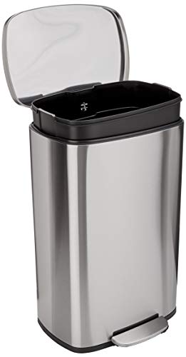 Amazon Basics LARGE Trash Can, 13.2 Gallon (50L), Smudge Resistant Rectangular Bin with Soft-Close Lid, Step Foot Pedal, Removable Inner Bucket, Brushed Stainless Steel, Satin Nickel Finish - size: Big, 50L/13.2 Gal