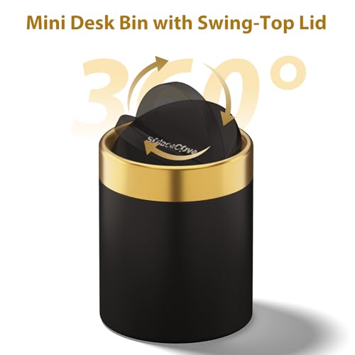 Desktop Trash can with Lid,0.4 Gal Stainless Steel Counter Top Trash Can Mini Bathroom Trash Can for Car,Office,Kitchen,Desk,a Roll of Trash Bag(Black) - color: Black