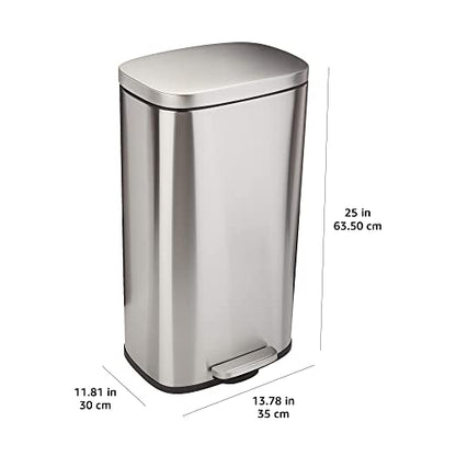 Amazon Basics MEDIUM Trash Can, 7.9 Gallon (30L), Smudge Resistant Rectangular Bin with Soft-Close Lid, Step Foot Pedal, Removable Inner Bucket, Brushed Stainless Steel, Satin Nickel Finish - size: Middle, 30L/7.9 Gal
