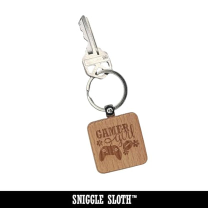 Sniggle Sloth Lifestyle Doodle Video Game Gamer Woman Controller Engraved Wood Square Keychain Tag Charm