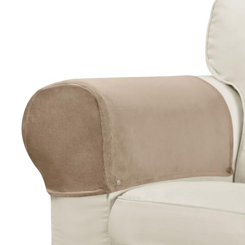 Velvet Armrest Covers for Chairs and Sofas Soft Stretch Couch Arm Cover Set of 2 Non Slip Sofa Armrest Slipcover Furniture Protector for Sofa, Couch, Armchair, Recliner, Khaki - color: Khaki