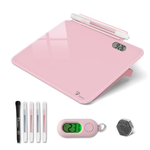 Small Glass Desk Whiteboard Dry-Erase Board with Clock, Small Travel Reminder Clock Keychain with Desk Notepad, Time Table Whiteboard for Desk Digital LED Light Display, 8x6 in with Accessories, Pink - color: Pink With Clock