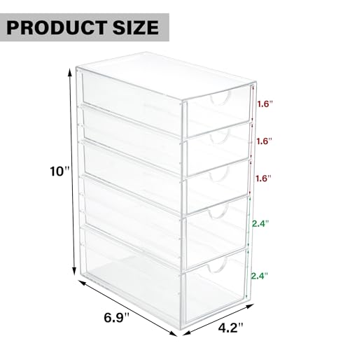 Prsildan Hair Accessories Organizer Acrylic Drawer with 5 Small Drawers | Clear, For Bathroom Vanity Office Desk, Jewelry Makeup Storage - style: 5 Drawers