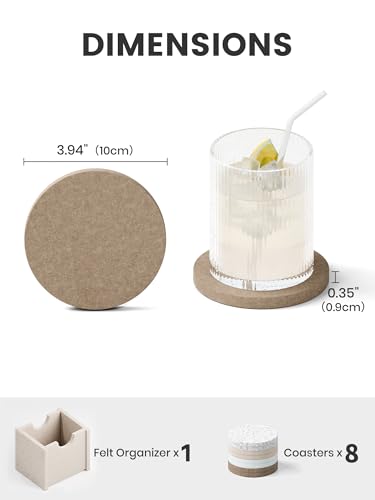 Fluxynara Felt Coasters for Drinks, Set of 8 Absorbent Coasters with Holder, Heat-Resistant & Reusable Round Design for Coffee Table & Living Room, 3.94 Inch - color: Stone Beige, size: Round - 8 Count