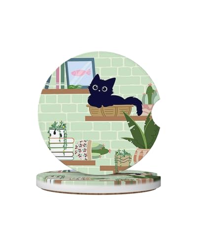 Car Cup Holder Coasters, 2 Pcs Ceramic Coasters with Finger Slot and Cork Back, Anti-Slip Shock Absorbing Women and Men Universal Car Accessories - Bookshelf Cat - color: Bookshelf Cat