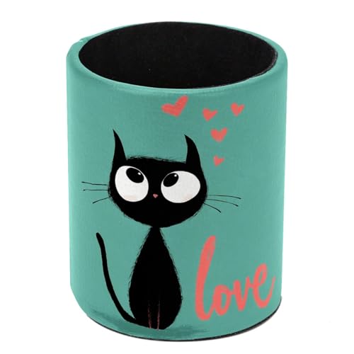 Cat and Love Pen Holder Pencil Organizer for Desk, 3.1” x 3.1” x 3.9” Pencil Cup Office Supplies, Large Capacity Cute Pen and Makeup Brush Holder for Home, School, Desktop - color: Cat and Love