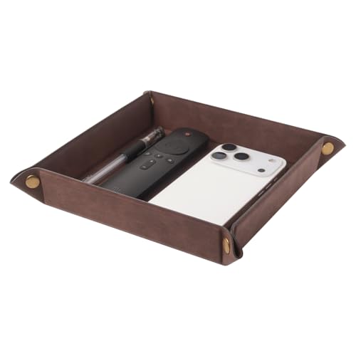 Valet Tray Desktop Storage Organizer – Premium PU Leather Catchall Bedside Vanity Tray Nightstand Caddy Holder for Remote Controller, Keys, Phone, Wallet, Coin, Jewelry,Brown - color: Brown