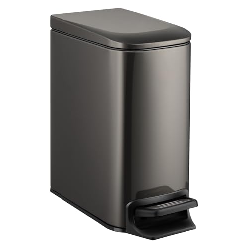 TIPGO Slim Bathroom Trash Can with Lid Soft Close, 6 Liter / 1.6 Gallon Stainless Steel Garbage Can with Removable Inner Bucket, Step Pedal, Small Trash Cans for Bedroom, Office, Kitchen (Black Gold) - color: Black Gold