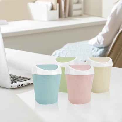 4 Pcs Plastic Mini Trash Can Wastebasket with 8 Rolls Trash Bags, Tiny Bathroom Trash Can with Swing lid, Small Countertop Waste Basket for Home Office Kitchen Vanity Tabletop