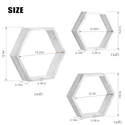 Hexagon Floating Shelves Set of 6, Wall Mounted Wood, Grey | Honeycomb Shelves, Wood Farmhouse Storage, for Wall Decor, Hanging Shelves, for Bedroom Living Room Nursery, Free Combination - color: 6 Pack Grey