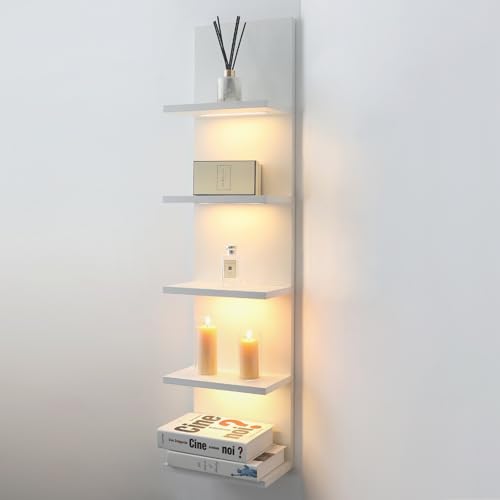 5 Tier Wall Shelf Unit, White Shelves,Lack Shelf, Wall Shelves for Bedroom，Office,Bathroom, Vanity Shelves with LED Light - color: White