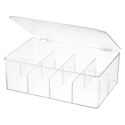 Divided Clear Plastic Organizer Bin with Hinge Lid, 8 Sections Tea Bag Storage Box for Kitchen, Snacks, Spice Packets,Pouches, Stackable Storage Bin - color: One