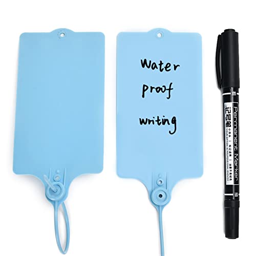 100 Plastic Shipping Tags - Waterproof, Writable, Hanging Tags with One Blue Marker Pen - color: Blue