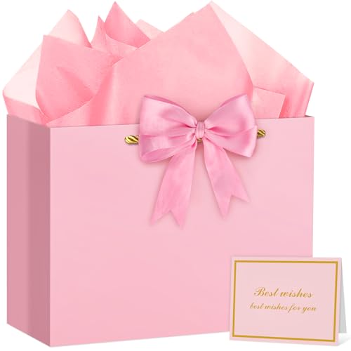 Hooqict Pink Gift Bag Large Birthday Gift Bags with Handles, 1 Ribbon, 4 Tissue Paper, 2 Greeting Cards for Women Girls Anniversary Wedding Baby Shower Valentines Galentines Mothers Day Presents - color: Pink