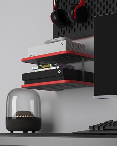 Floating Under TV Game Double Shelf Stand for Xbox Shelf wall Mount for one S/X Series S, Projector Shelf/Router Shelf/Entertainment Center, Projector Holder Accessories, Black Red