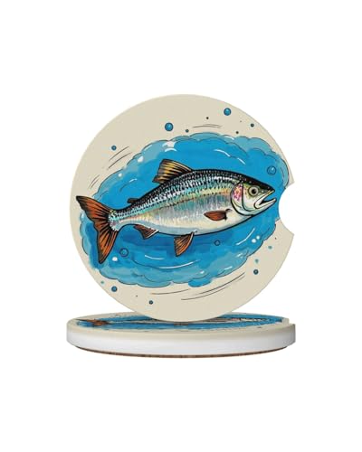 Car Cup Holder Coasters, 2 Pcs Ceramic Coasters with Cork Back and Finger Slot, Anti-Slip Shock Absorbing Women and Men Universal Car Accessories - Salted Fish - color: Salted Fish